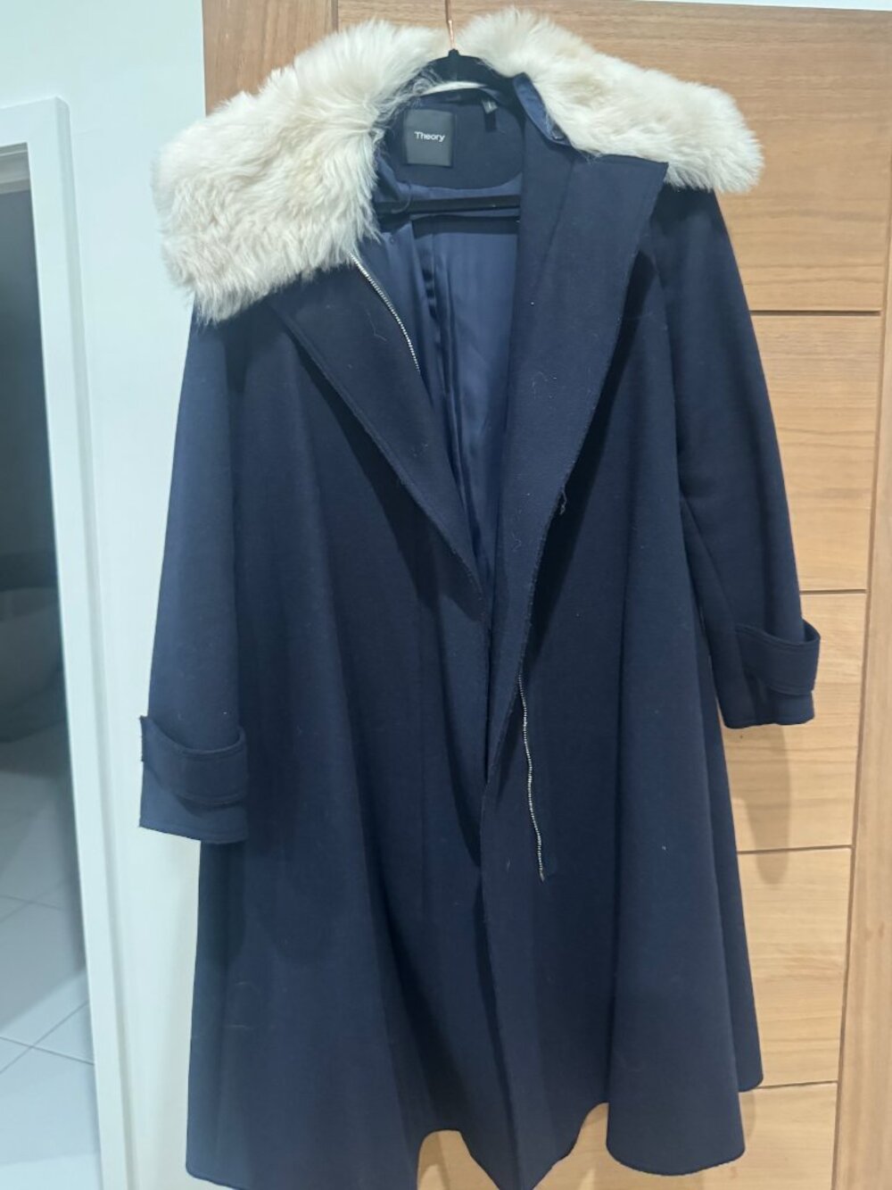 Theory Navy Chic Coat with Lamb Fur Collar - Size P (XS)